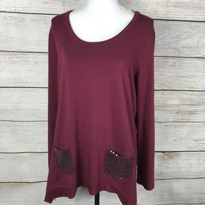 LOGO maroon long sleeve tunic top with silver sequin pocket detail